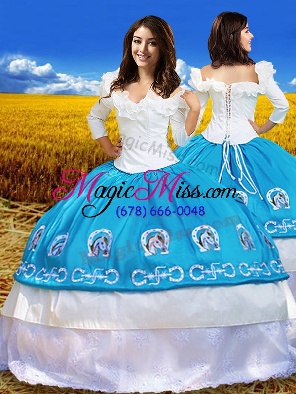 wholesale fancy blue and white lace up off the shoulder embroidery quinceanera gown taffeta 3 4 length sleeve
