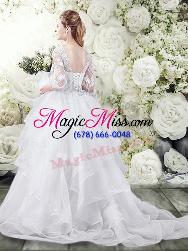 wholesale white wedding dresses scoop half sleeves brush train lace up
