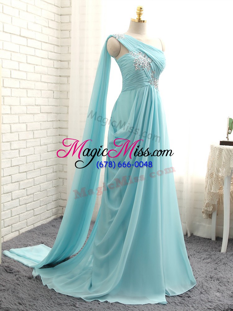 wholesale one shoulder sleeveless brush train zipper bridesmaid dresses aqua blue chiffon