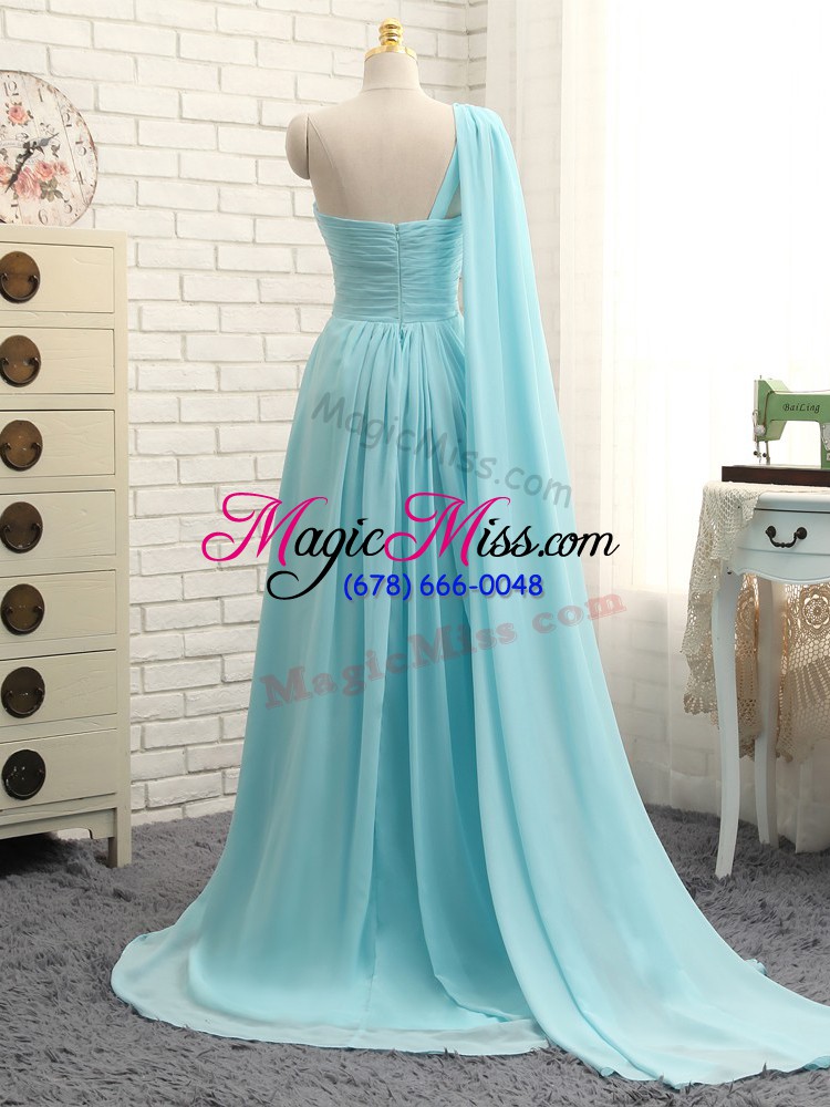 wholesale one shoulder sleeveless brush train zipper bridesmaid dresses aqua blue chiffon