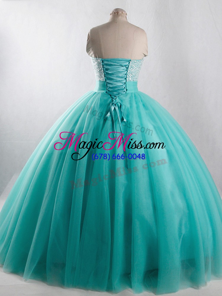 wholesale discount turquoise ball gowns strapless sleeveless tulle floor length lace up beading vestidos de quinceanera