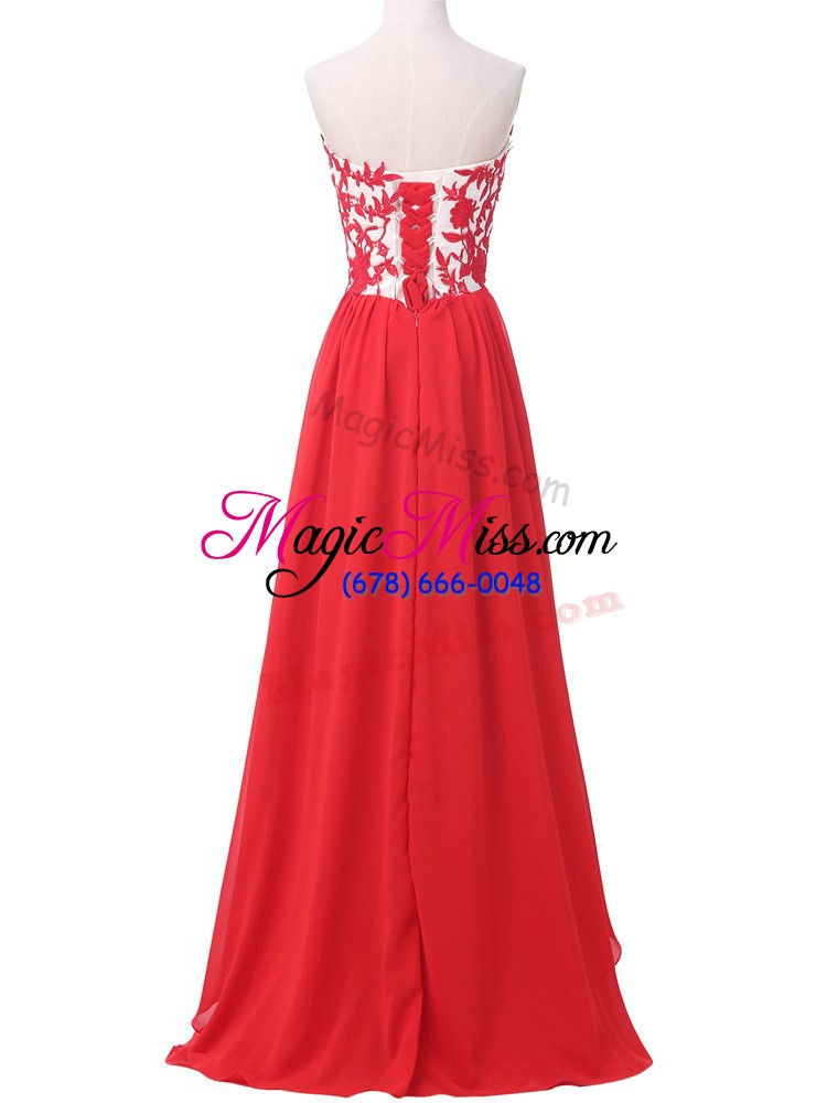 wholesale customized red chiffon lace up prom party dress sleeveless lace and appliques