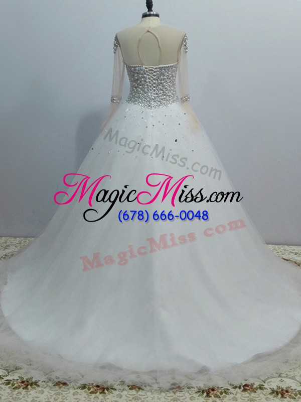 wholesale white tulle lace up wedding gown long sleeves brush train beading