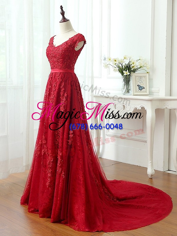wholesale chic cap sleeves brush train lace up lace and appliques prom party dress