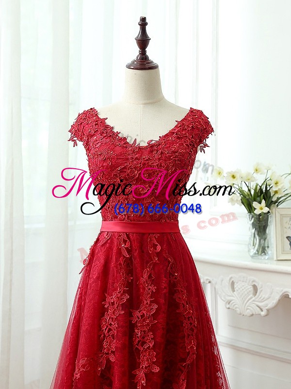 wholesale chic cap sleeves brush train lace up lace and appliques prom party dress