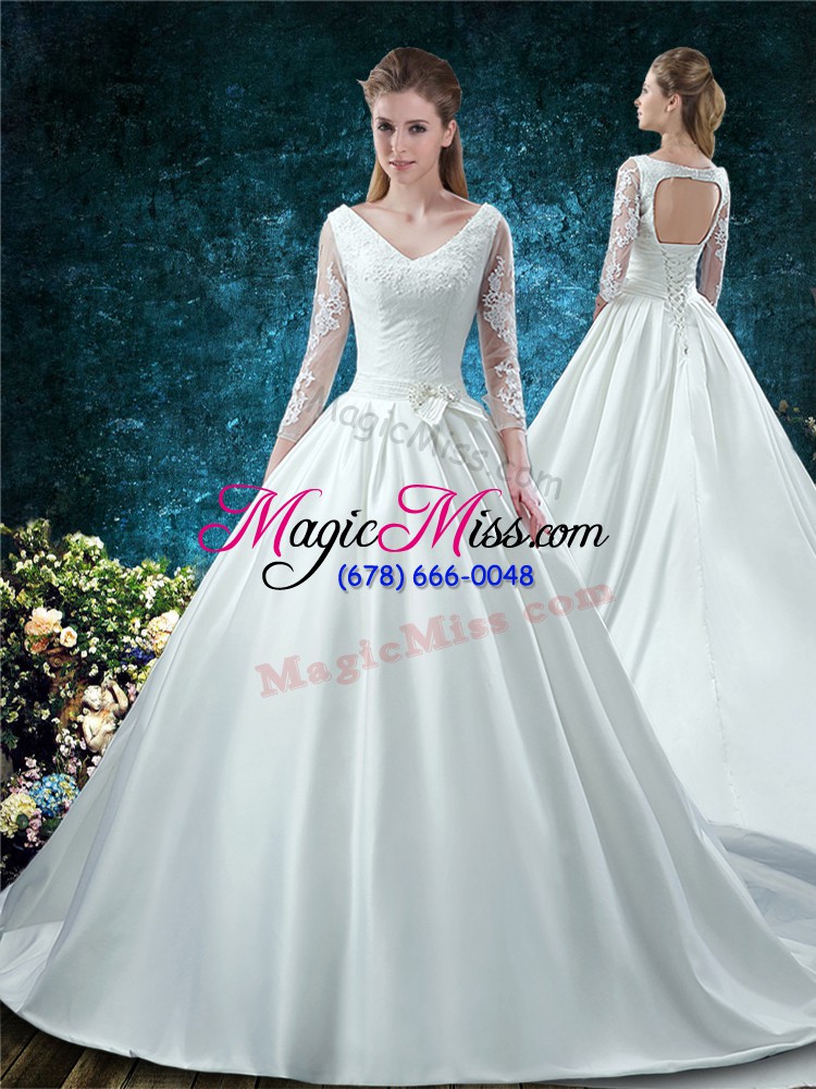 wholesale low price v-neck 3 4 length sleeve wedding dresses chapel train lace and belt white satin