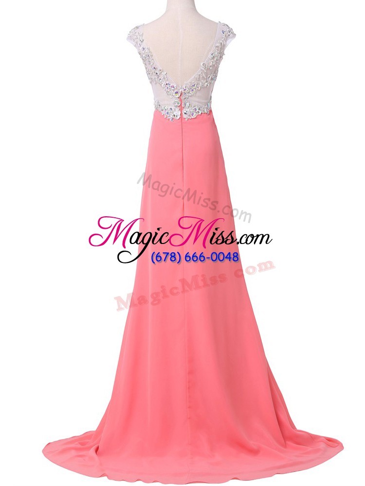 wholesale watermelon red prom gown prom and military ball and sweet 16 with beading and appliques sweetheart cap sleeves brush train zipper