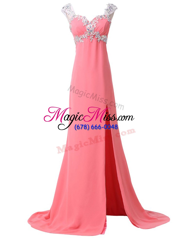 wholesale watermelon red prom gown prom and military ball and sweet 16 with beading and appliques sweetheart cap sleeves brush train zipper