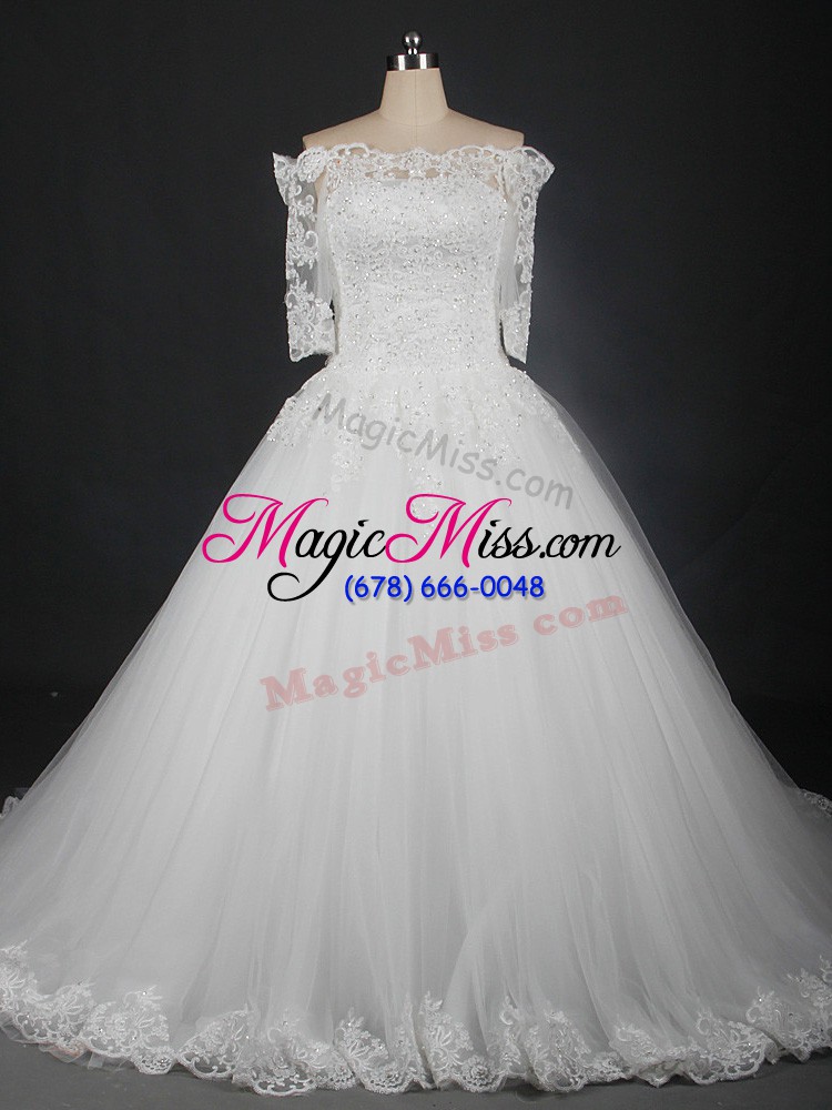 wholesale romantic white wedding dresses wedding party with lace off the shoulder half sleeves lace up