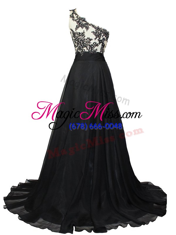 wholesale best selling black chiffon side zipper evening dresses sleeveless brush train beading and lace