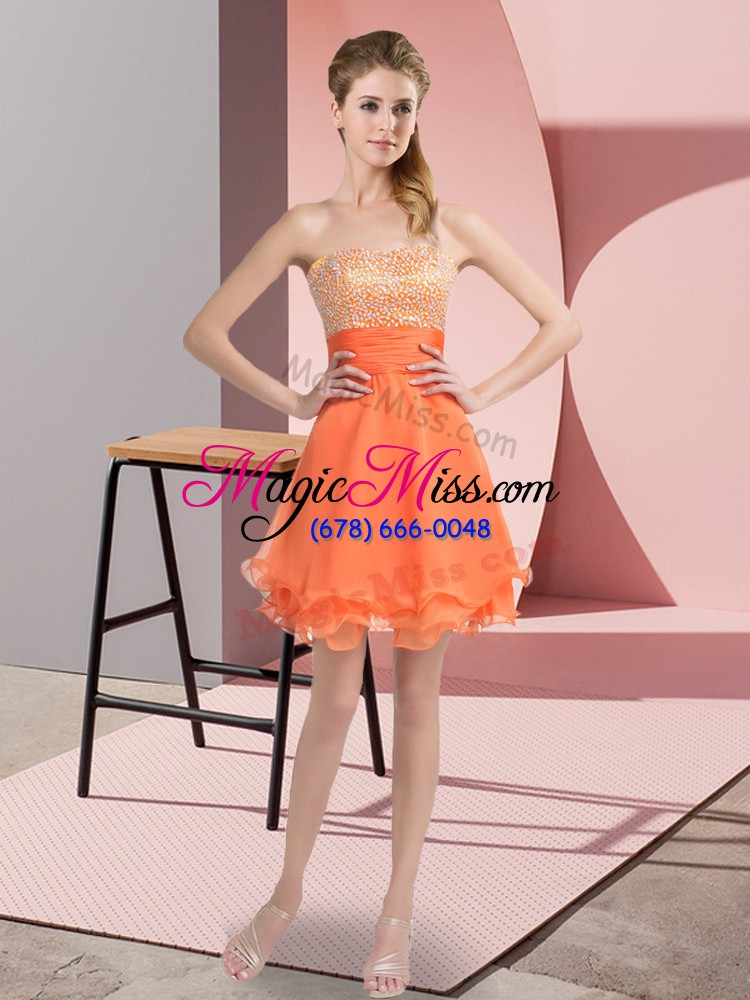 wholesale orange organza lace up prom dress sleeveless mini length beading and ruffled layers and ruching
