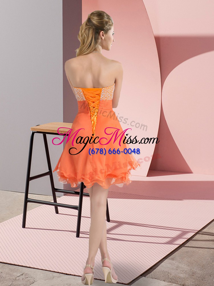 wholesale orange organza lace up prom dress sleeveless mini length beading and ruffled layers and ruching
