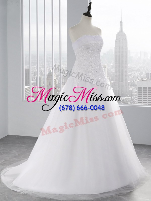 wholesale strapless sleeveless bridal gown brush train beading and appliques white tulle