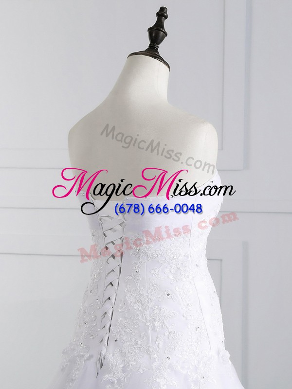 wholesale strapless sleeveless bridal gown brush train beading and appliques white tulle