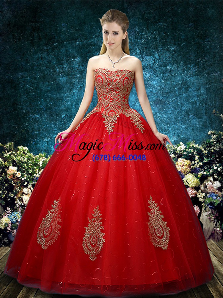 wholesale red sleeveless floor length appliques lace up wedding dress