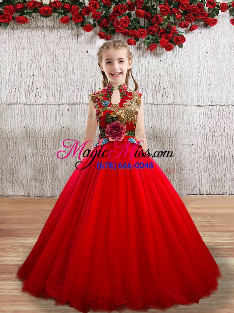 wholesale floor length red little girls pageant dress tulle sleeveless appliques