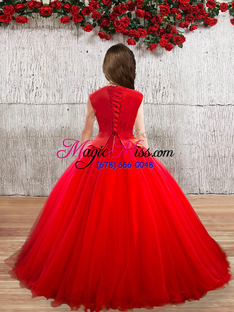 wholesale floor length red little girls pageant dress tulle sleeveless appliques