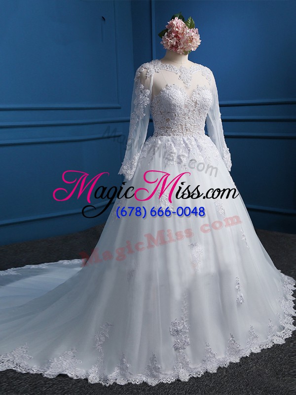 wholesale white long sleeves court train lace and appliques wedding gowns