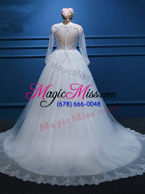 wholesale white long sleeves court train lace and appliques wedding gowns