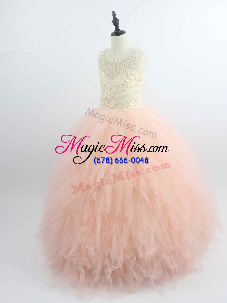 wholesale sleeveless tulle floor length zipper kids pageant dress in peach with appliques and ruffles