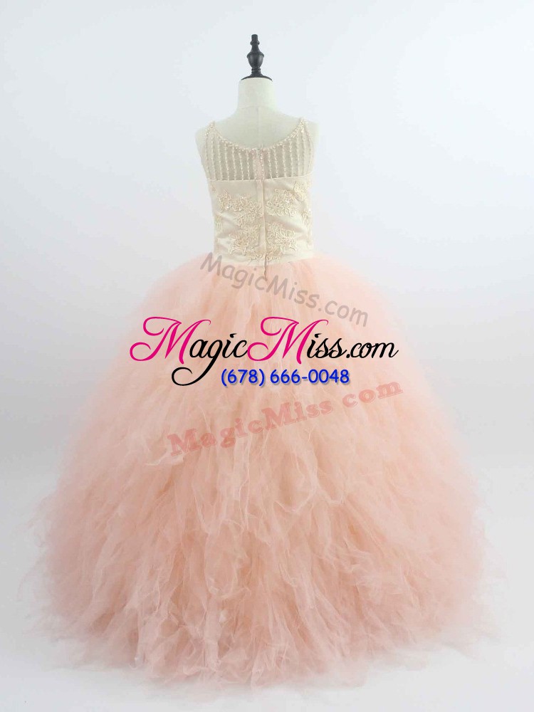 wholesale sleeveless tulle floor length zipper kids pageant dress in peach with appliques and ruffles