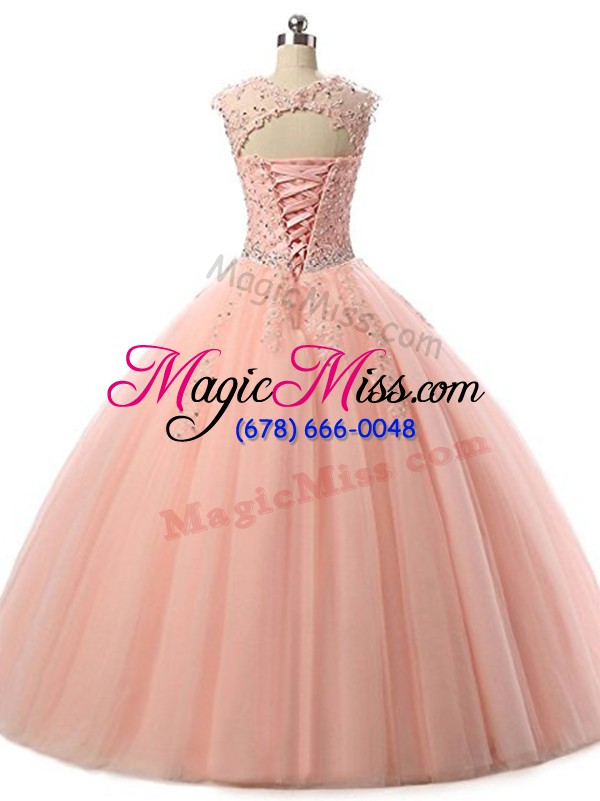 wholesale best peach lace up scoop beading and lace 15 quinceanera dress tulle sleeveless
