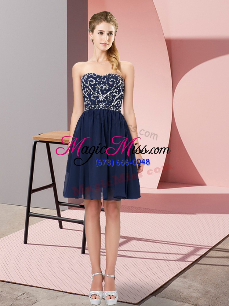 wholesale excellent navy blue empire sweetheart sleeveless chiffon mini length lace up beading prom party dress