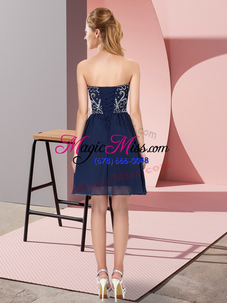 wholesale excellent navy blue empire sweetheart sleeveless chiffon mini length lace up beading prom party dress