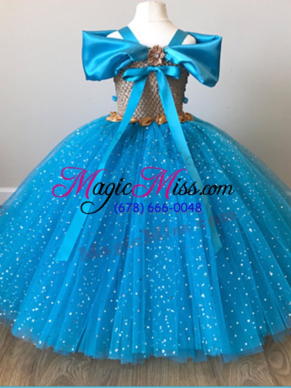 wholesale custom fit baby blue tulle zipper child pageant dress cap sleeves floor length sequins and belt