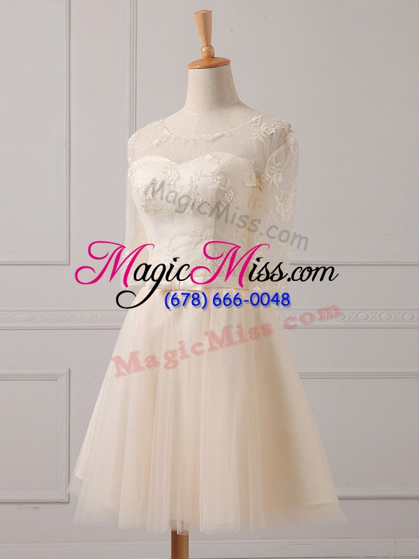 wholesale tulle scoop half sleeves lace up lace and belt bridesmaid gown in champagne