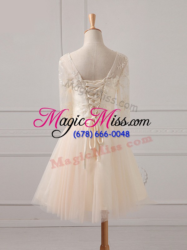wholesale tulle scoop half sleeves lace up lace and belt bridesmaid gown in champagne
