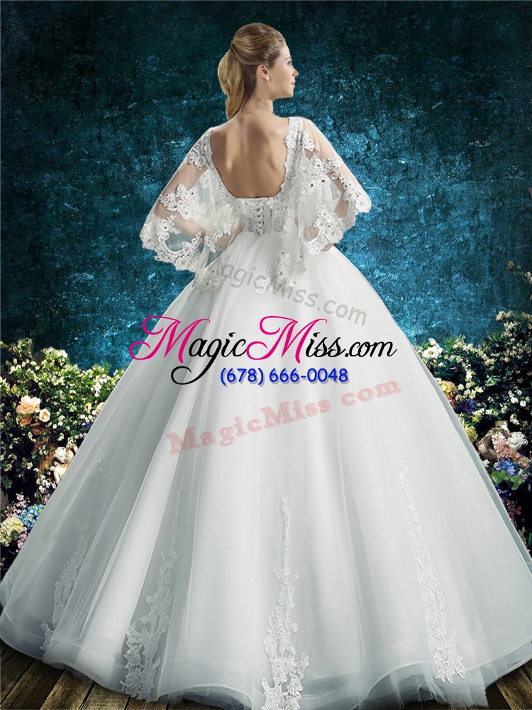 wholesale floor length white wedding gown scoop half sleeves lace up