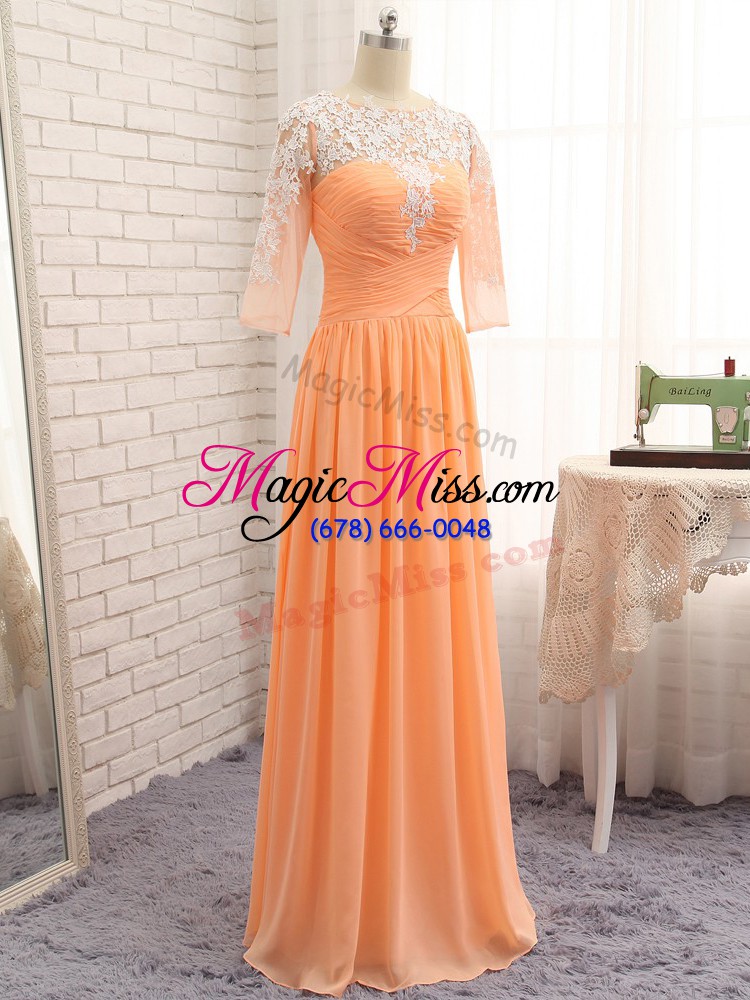 wholesale orange evening wear prom and party and military ball with lace and appliques and ruching bateau long sleeves zipper