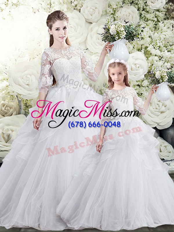 wholesale sophisticated tulle scoop half sleeves sweep train lace up lace and ruffles quinceanera dresses in white