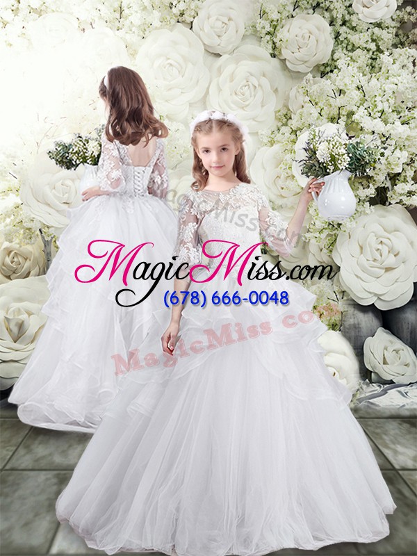 wholesale sophisticated tulle scoop half sleeves sweep train lace up lace and ruffles quinceanera dresses in white