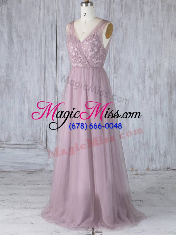wholesale affordable lavender tulle criss cross bridesmaids dress sleeveless floor length appliques