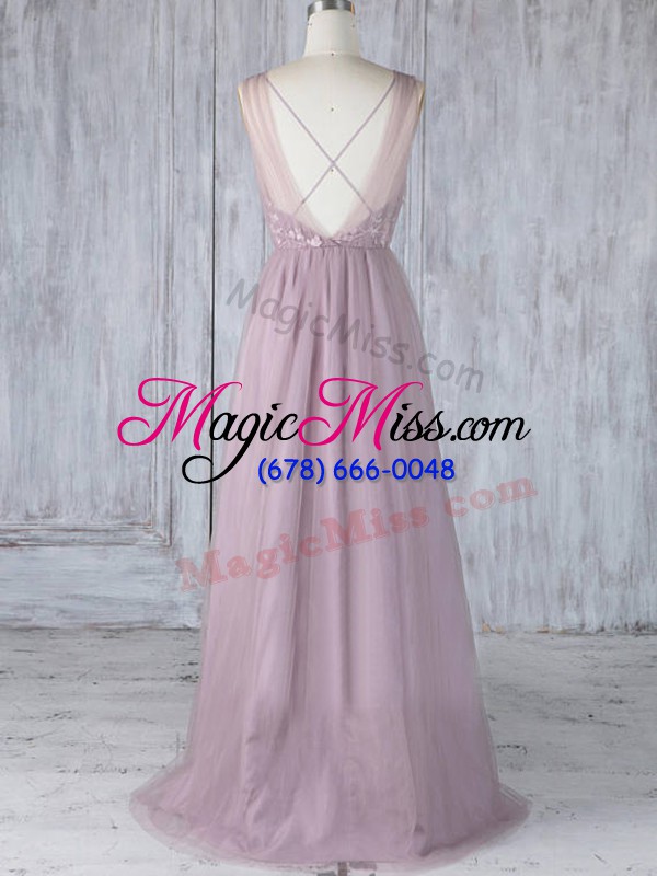 wholesale affordable lavender tulle criss cross bridesmaids dress sleeveless floor length appliques