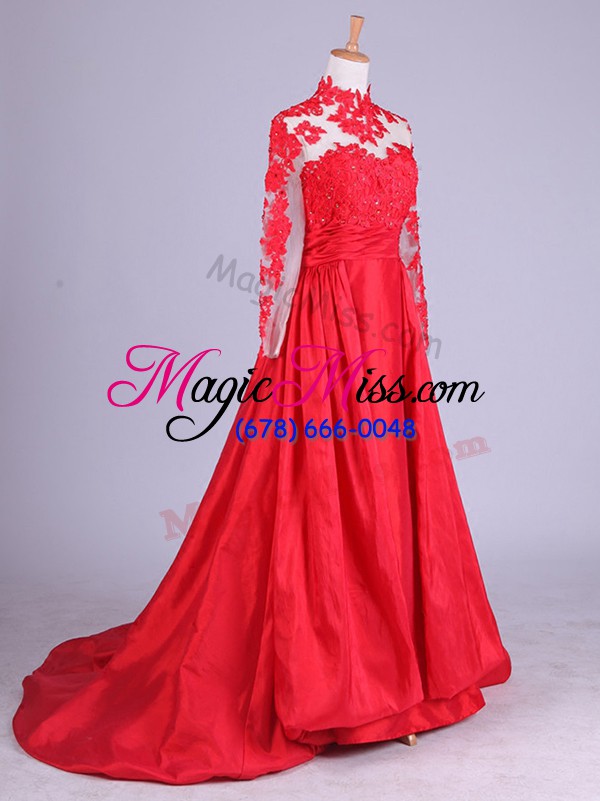 wholesale custom designed red halter top zipper lace and appliques mother of the bride dress brush train long sleeves