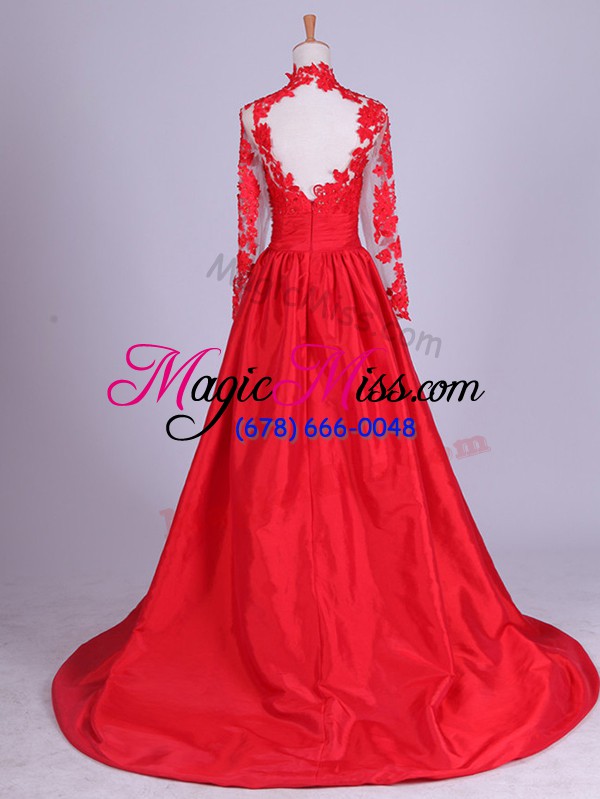 wholesale custom designed red halter top zipper lace and appliques mother of the bride dress brush train long sleeves