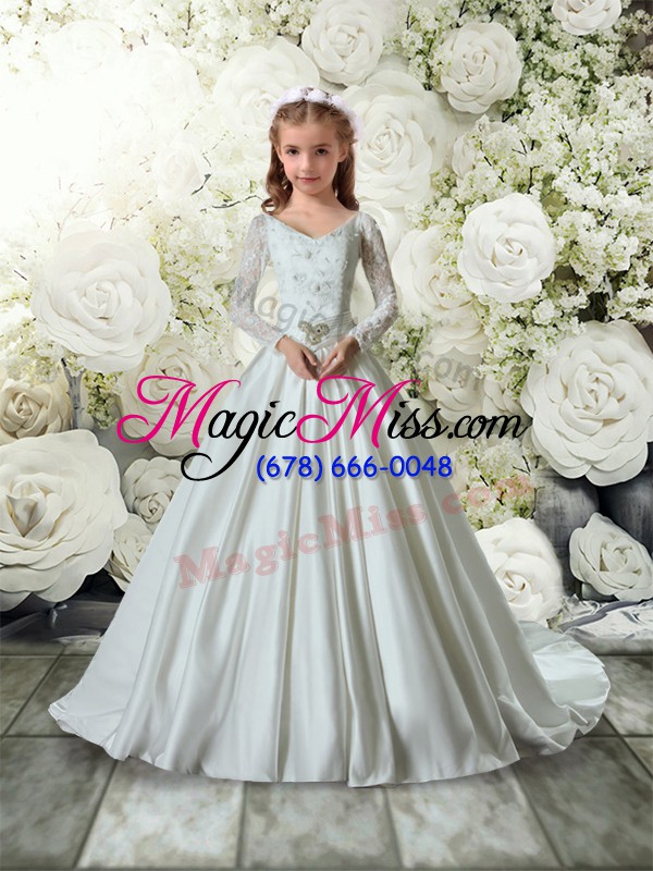 wholesale clearance white flower girl dress taffeta brush train long sleeves lace