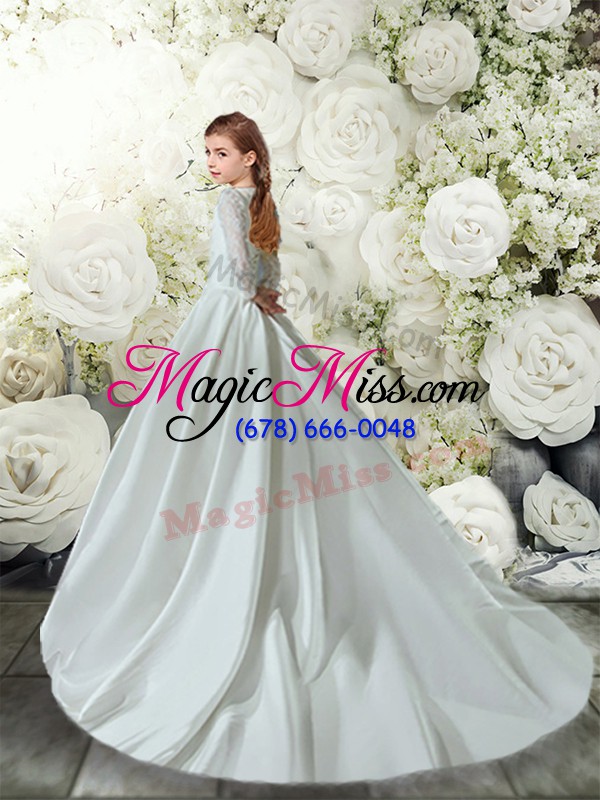 wholesale clearance white flower girl dress taffeta brush train long sleeves lace