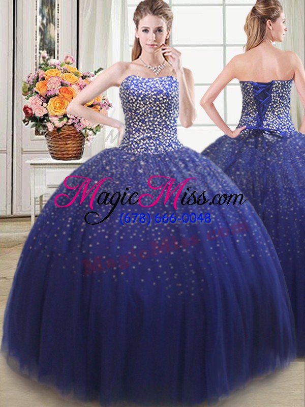 wholesale popular tulle strapless sleeveless lace up beading vestidos de quinceanera in royal blue