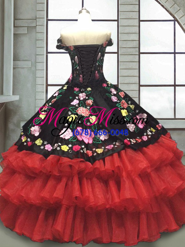 wholesale pretty red and black lace up 15th birthday dress embroidery and ruffled layers sleeveless floor length