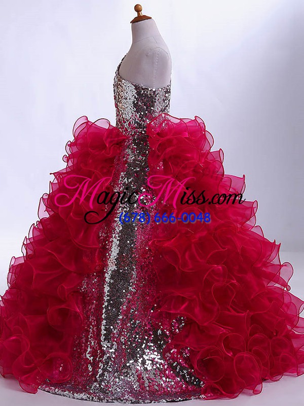 wholesale wine red one shoulder zipper ruffles and sequins little girl pageant gowns sleeveless