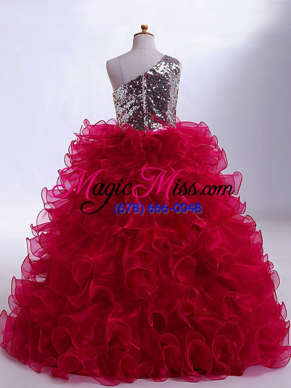 wholesale wine red one shoulder zipper ruffles and sequins little girl pageant gowns sleeveless