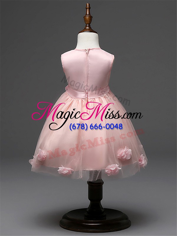 wholesale simple sleeveless knee length hand made flower zipper flower girl dress with pink