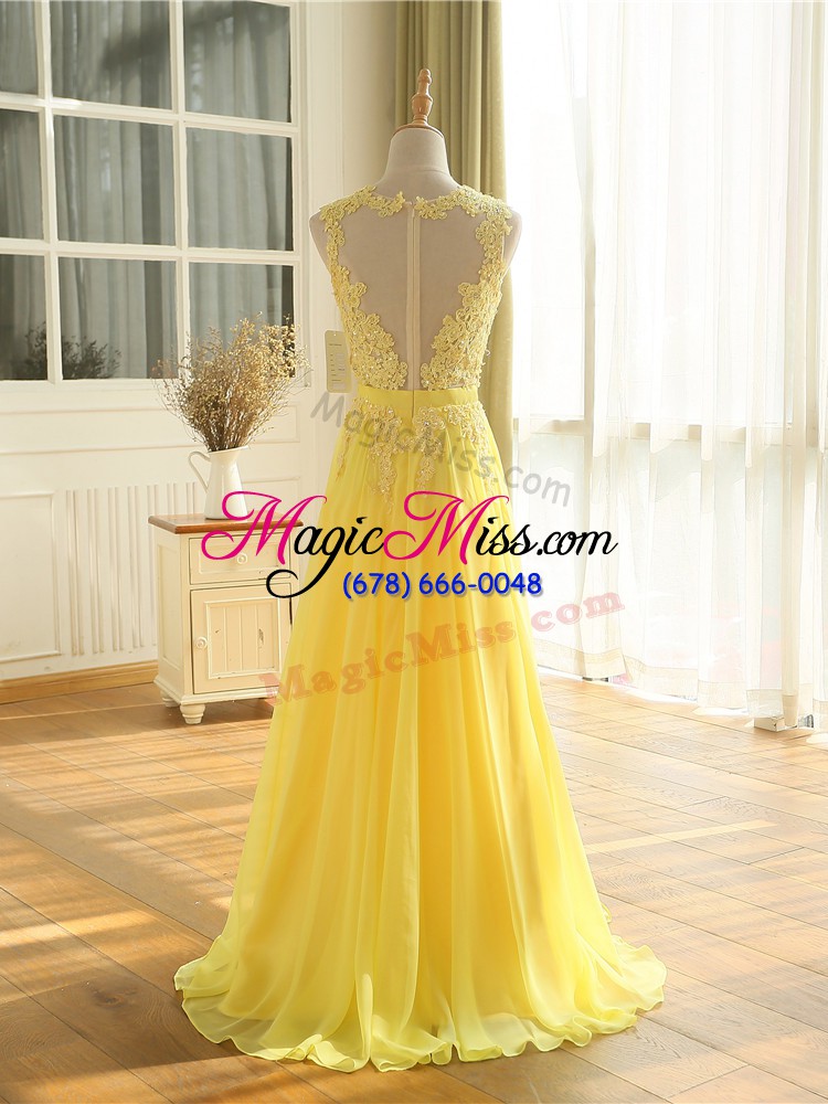wholesale yellow empire chiffon scoop sleeveless lace and appliques floor length zipper womens evening dresses