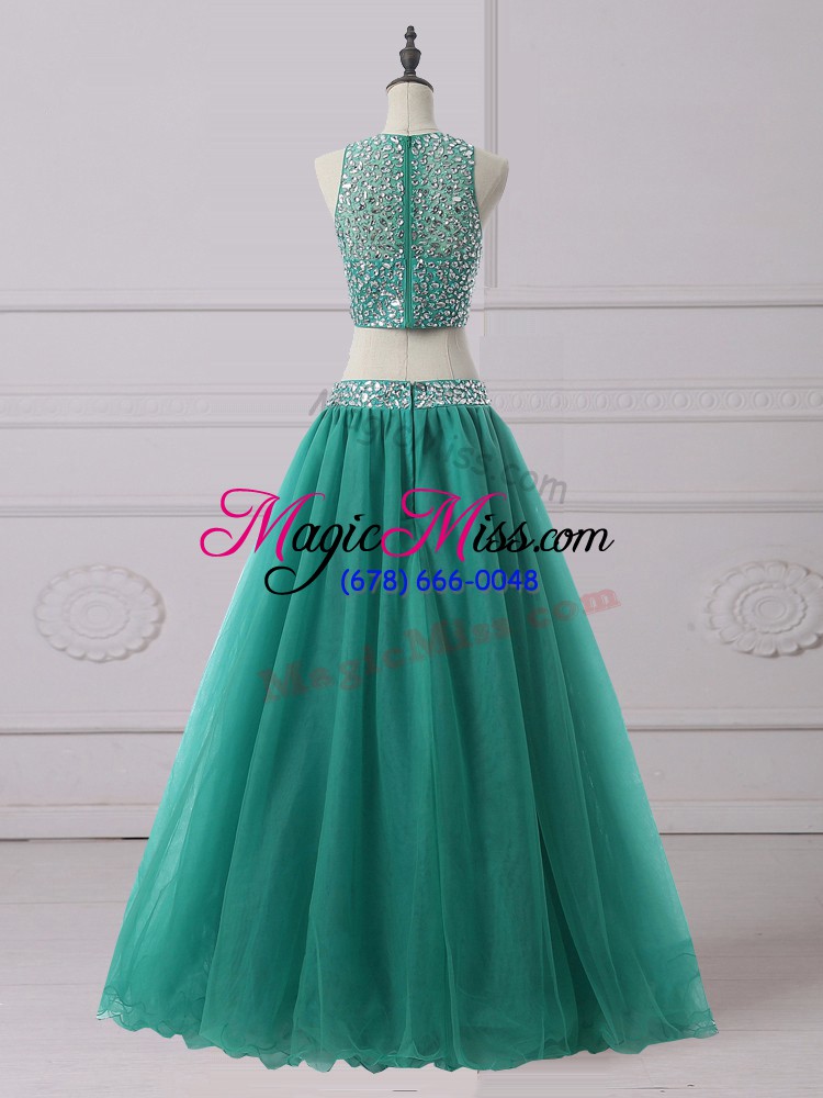 wholesale traditional green tulle zipper scoop sleeveless floor length prom dress beading