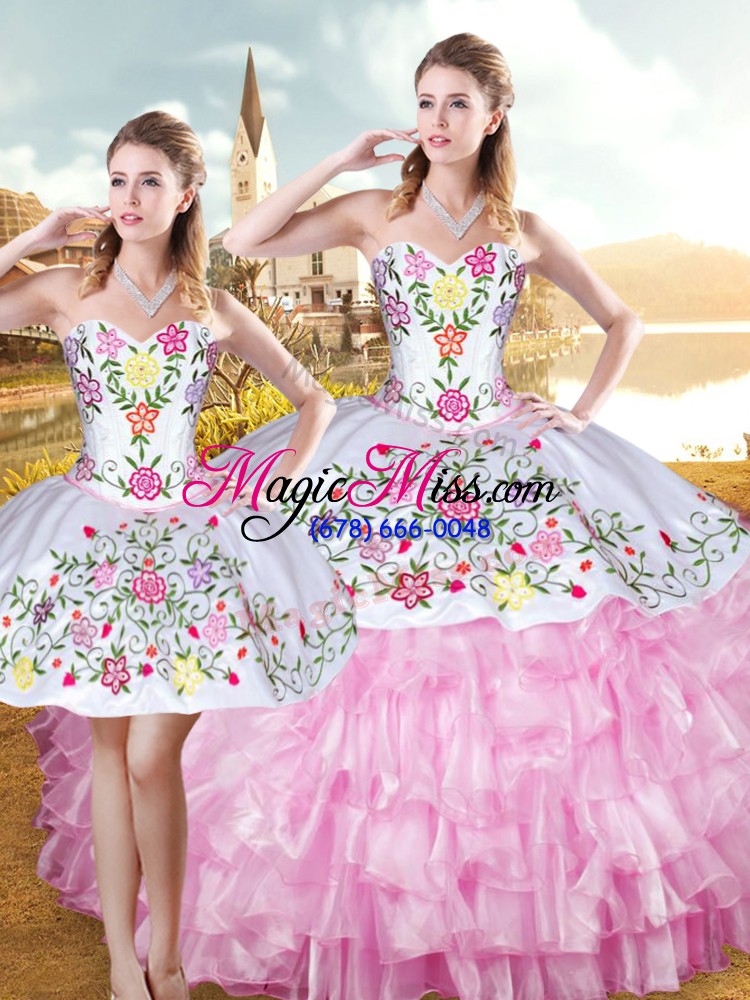 wholesale rose pink sleeveless floor length embroidery and ruffled layers lace up 15th birthday dress