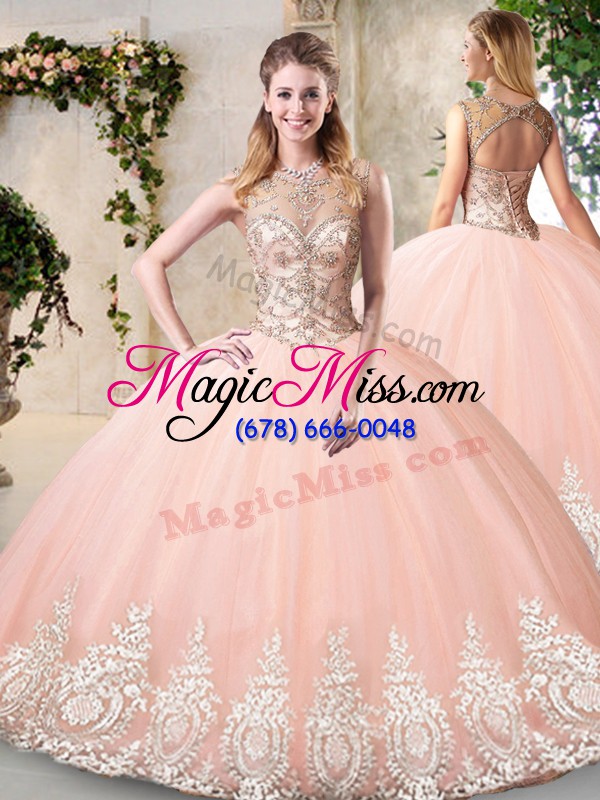 wholesale floor length lace up 15 quinceanera dress peach for prom and party and military ball and sweet 16 and quinceanera with beading and lace and appliques